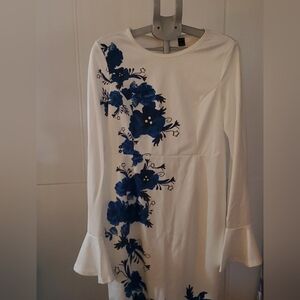 SHEIN White Dress with Blue Floral Accents Size XL